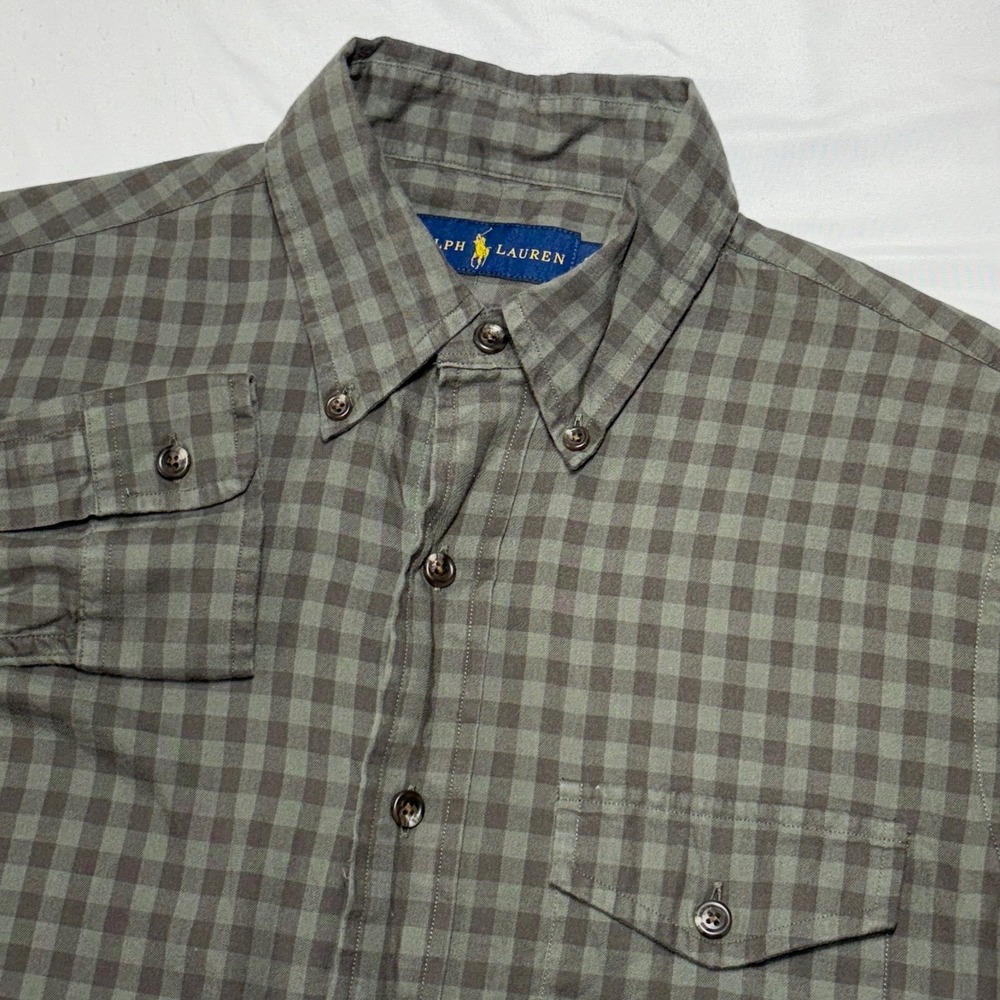 Polo Ralph Lauren Button Down Shirt Mens Small Olive Green Gingham Check Cotton